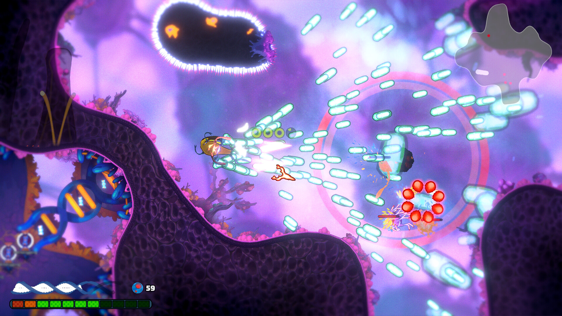 Pathogenic bullet-hell combat scene
